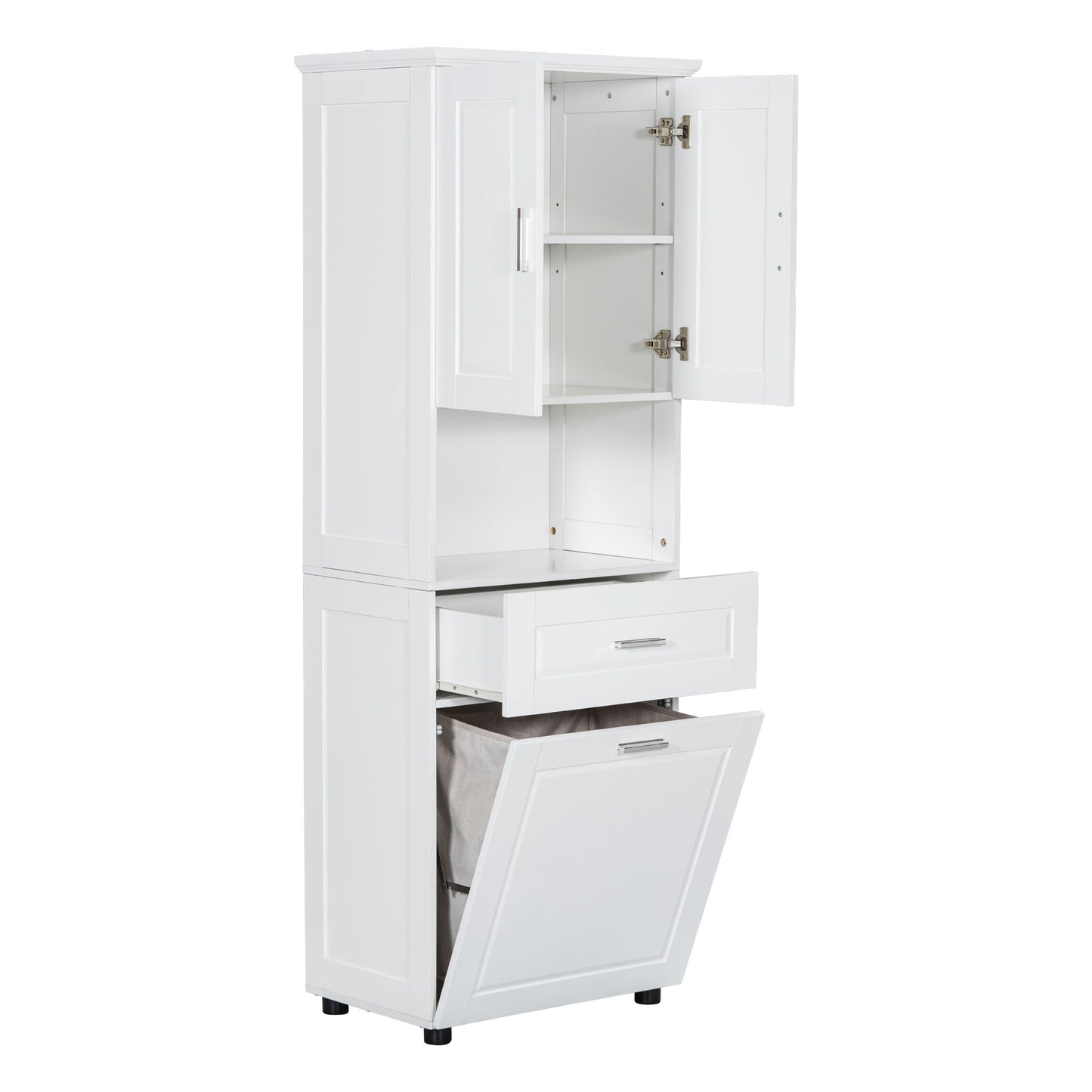Tall Bathroom Cabinet With Tilt-Out Laundry Basket And Upper Storage