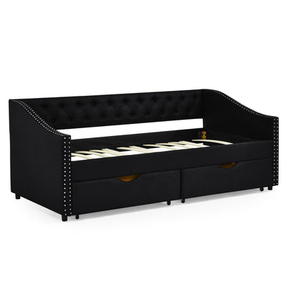 Upholstered Tufted Daybed With 2 Drawers, Waved Arms