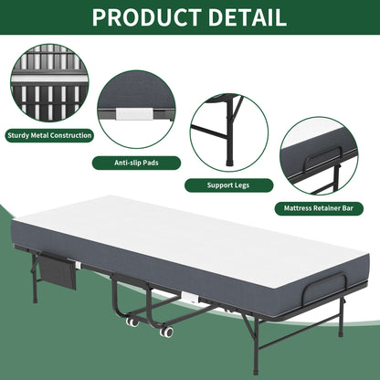 Twin Folding Bed With Memory Foam Mattress, On Wheels, Portable Bed For Adults & Guests - Black
