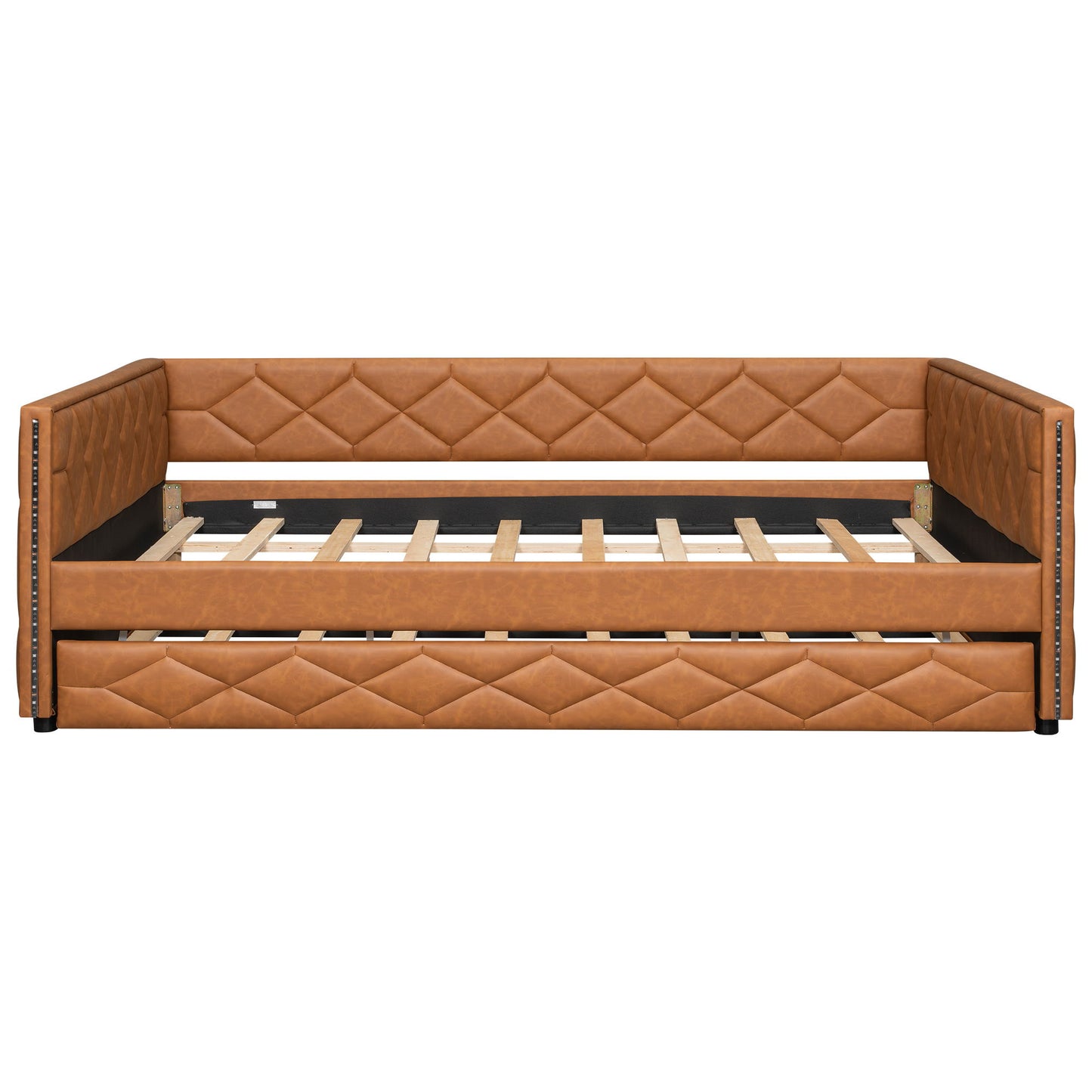 Upholstered Full Long Daybed With Trundle And LED Armrests - Brown