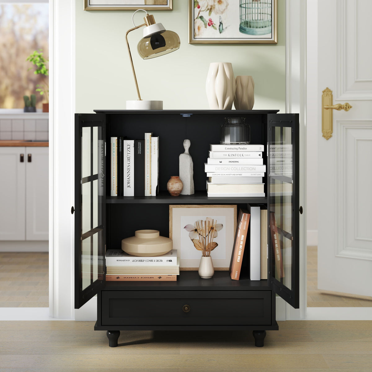 Minimalist Buffet Cabinet With Double Glass Doors And Drawer