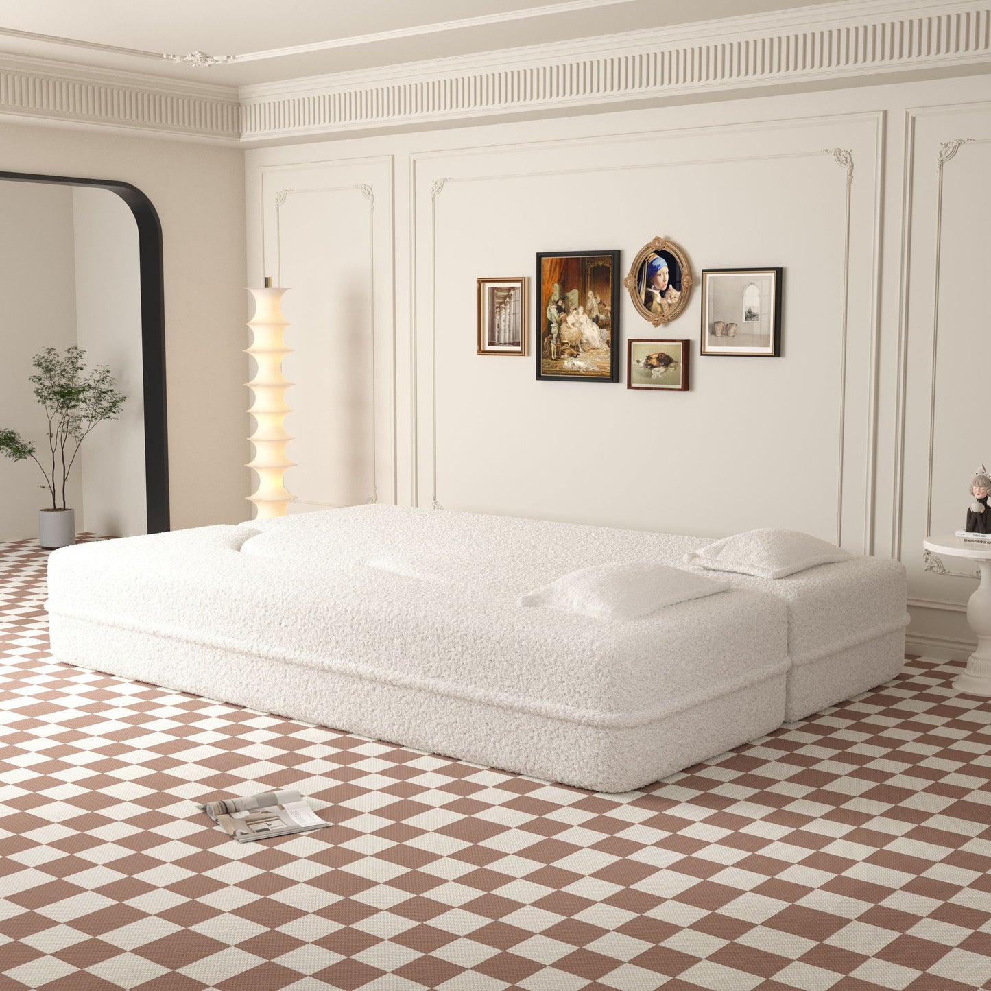 Modern Floor Sofa, With 2 Pillows, Convertible Teddy Fabric Foam Filled Bed