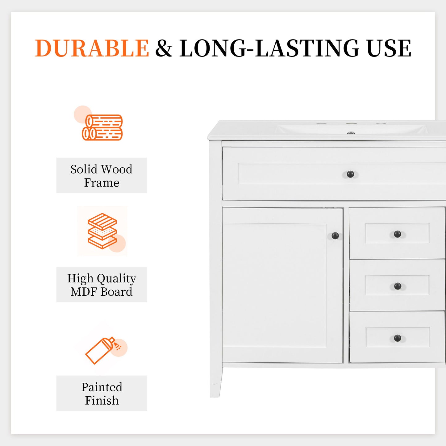 Bathroom Vanity With Sink, Cabinet With 3 Drawers And Adjustable Shelf