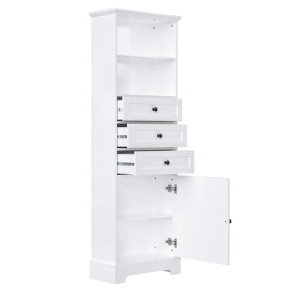 Tall Storage Cabinet With 3 Drawers And Adjustable Shelves For Bathroom