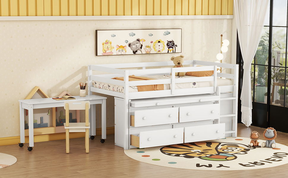 Loft Bed With Retractable Writing Desk And 4 Drawers, With Lateral Portable Desk And Shelves
