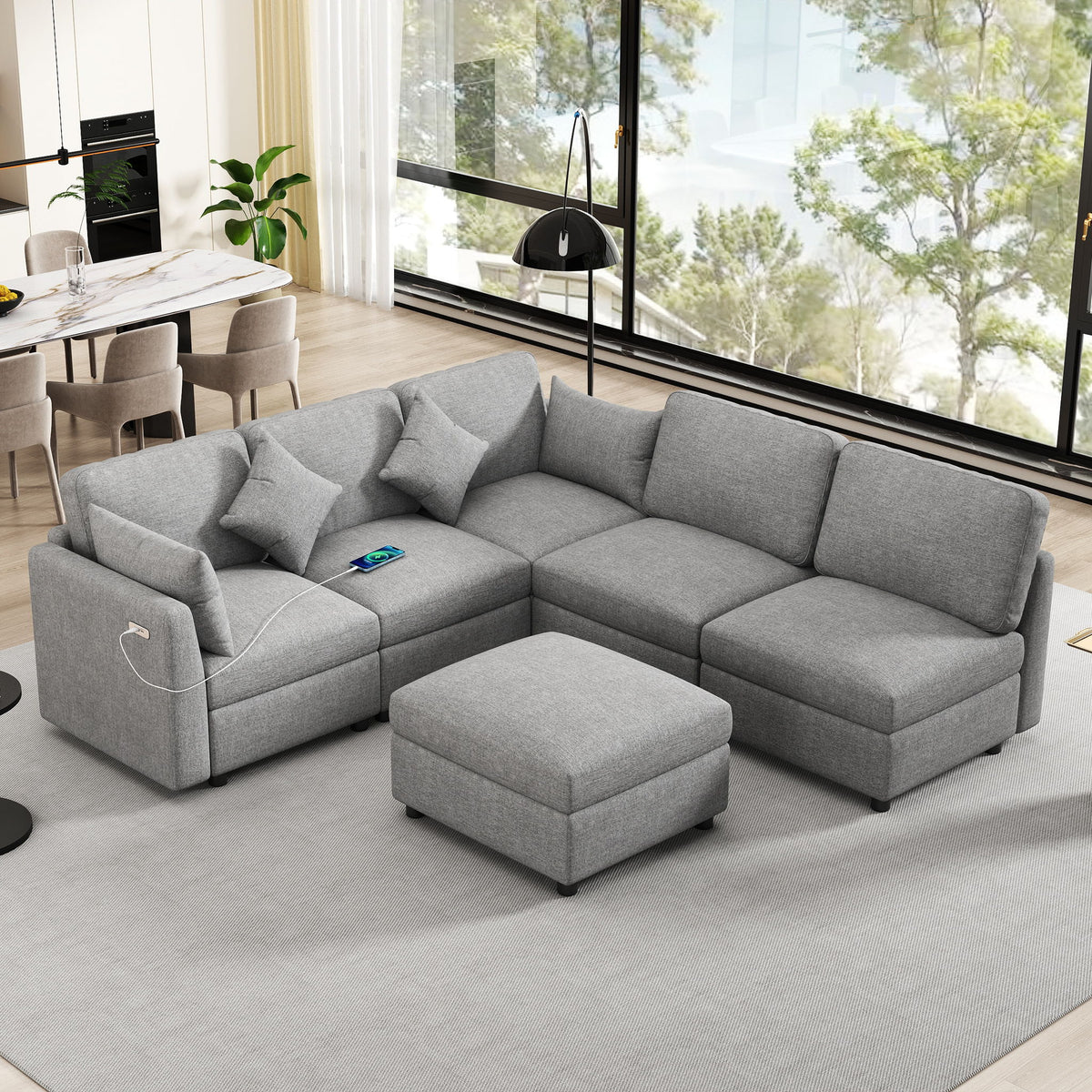 Sectional Sofa Modular U-Shaped With Ottoman & USB Ports