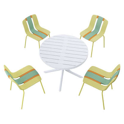 4 Piece Set Of Color Block Designed Single Chairs With Round Table - Grain Yellow / Haze Green / Tropical Orange / White
