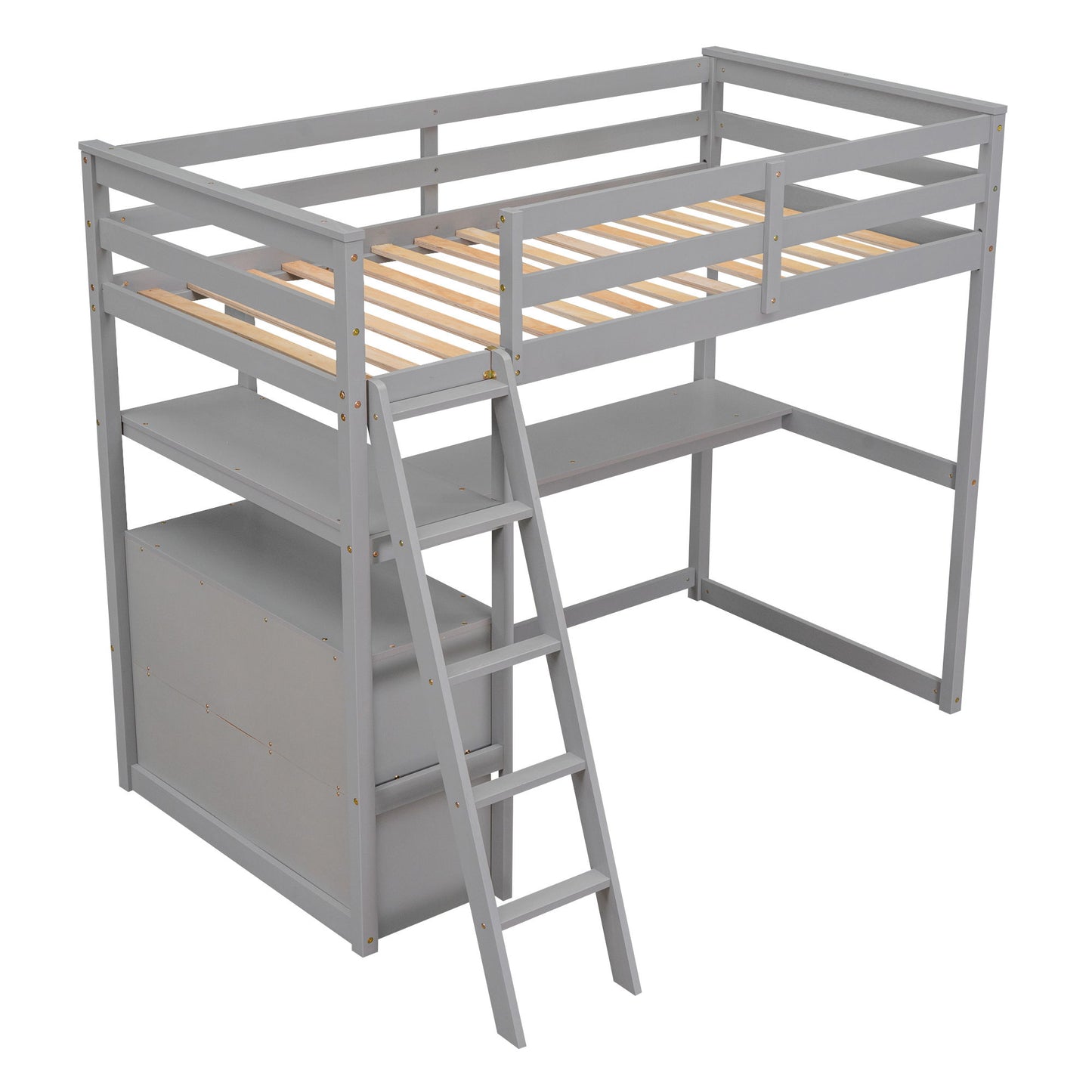 Modern Loft Bed With Built In Desk, Shelves, And 2 Drawers