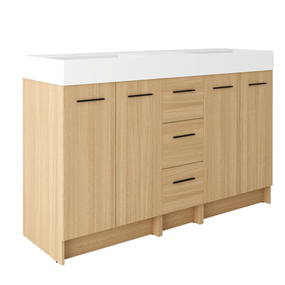 Double Sink Bathroom Vanity With 3 Drawers, Large Storage, Integrated Sink, Freestanding Cabinet, Soft Close Hardware - Glossy White / Light Oak