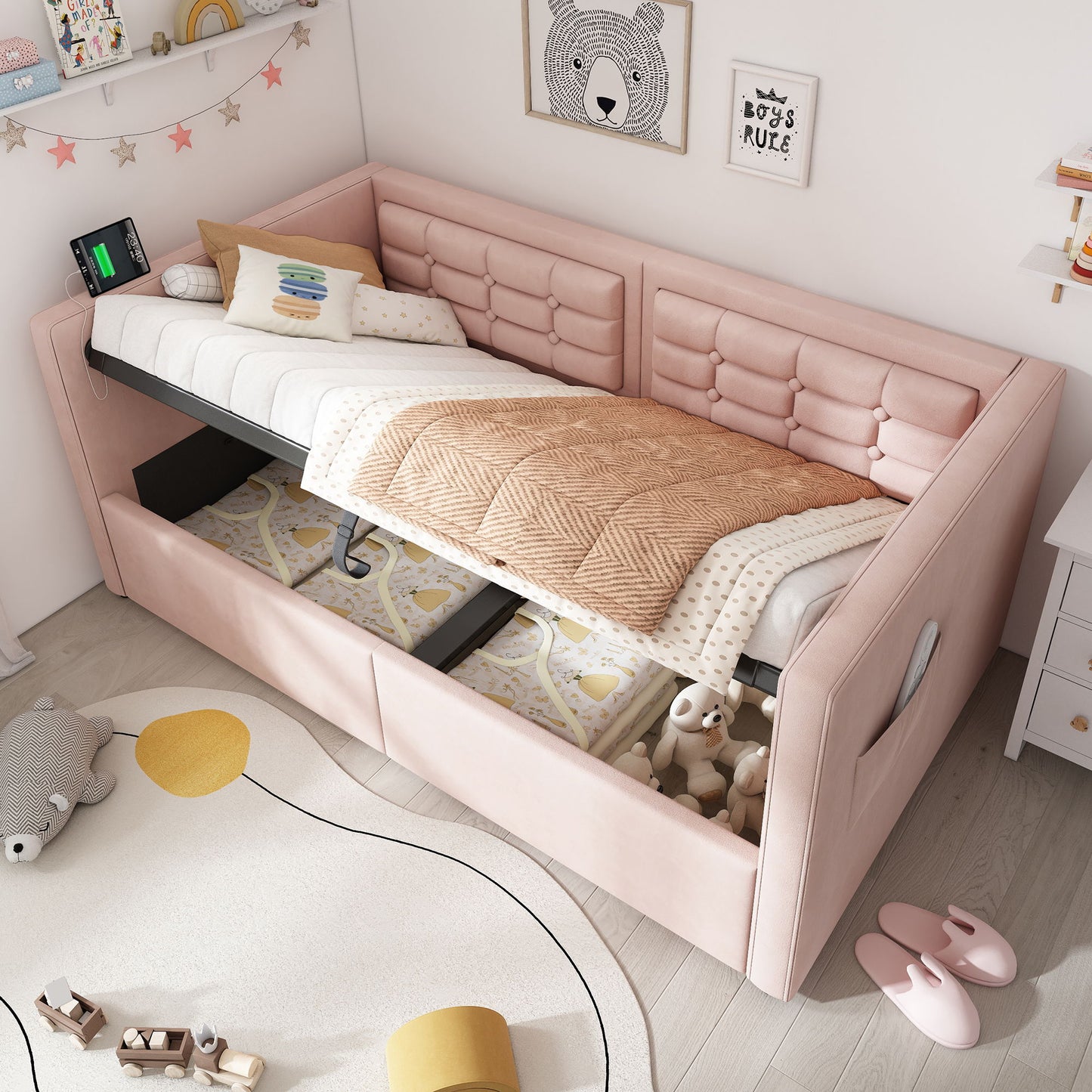 Upholstered Hydraulic Storage Daybed With USB & Type C Charging