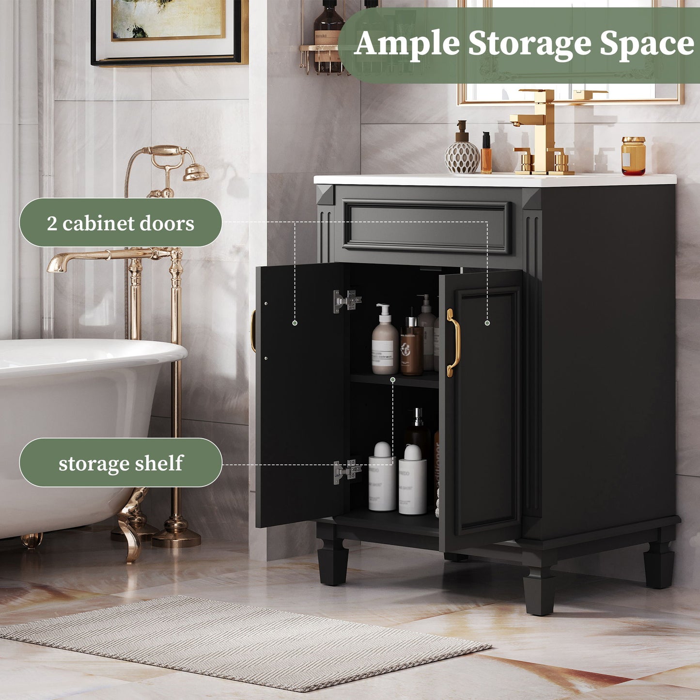 Bathroom Vanity With Top Sink, Cabinet With 2 Soft Closing Doors