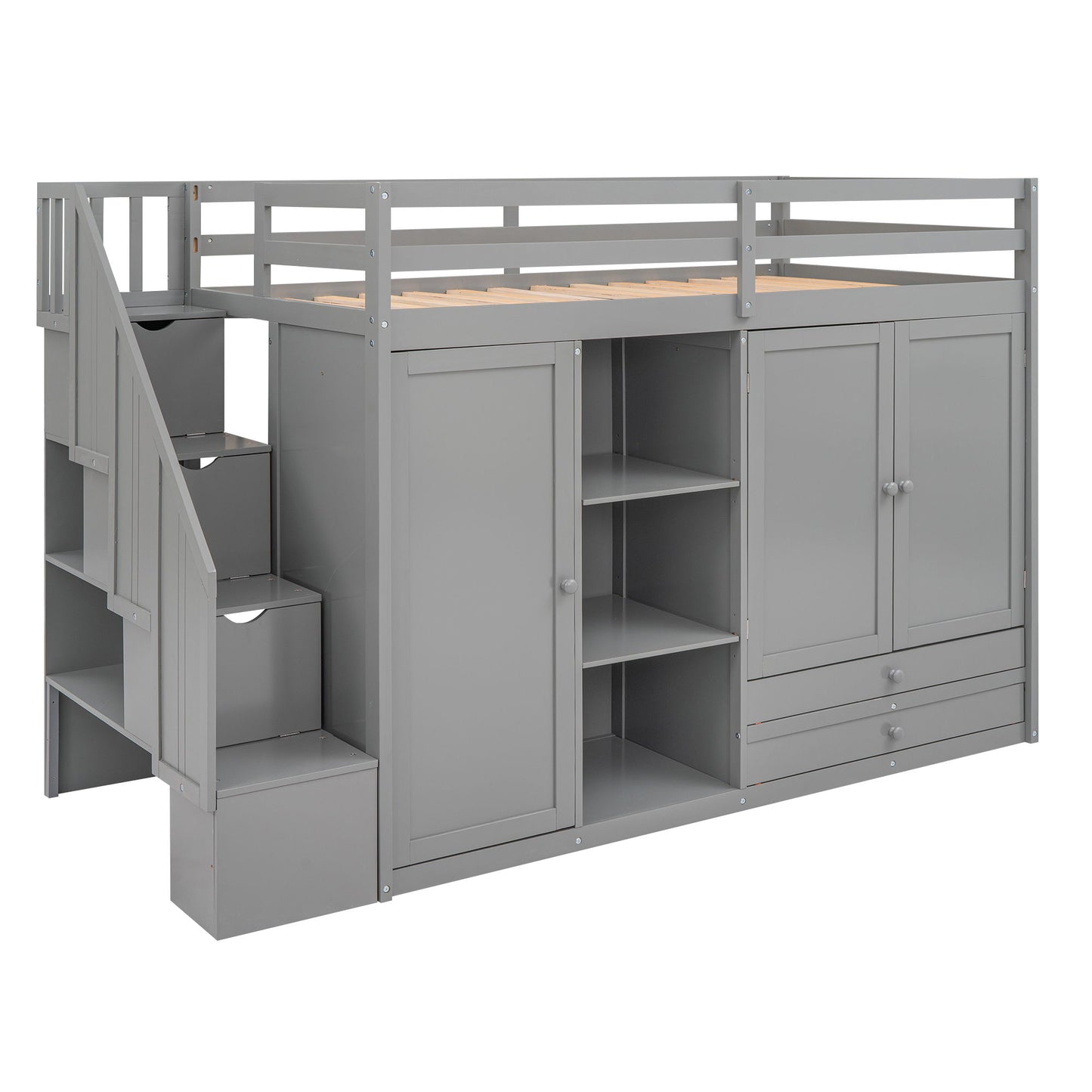 Loft Bed With 3 Shelves, 2 Wardrobes, 2 Drawers, Ladder Storage