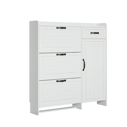 Shoe Cabinet With 4 Doors 1 Drawers, PVC Door With Shape, Large Space For Storage - White