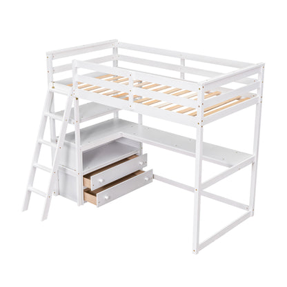 Modern Loft Bed With Built In Desk, Shelves, And 2 Drawers
