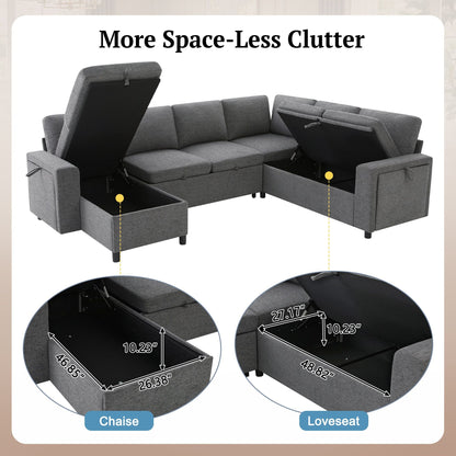 U - Shaped Convertible Sectional Sofa Bed With Storage, USB Charger & Cup Holders