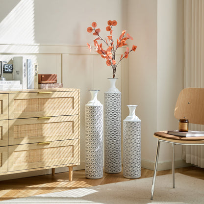Modern Floor Vase Set Metal Vases With Geometric Pattern, 3 Piece Home Decor Set - White / Black