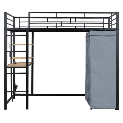 Loft Bed With Desk, Shelves, Power Outlet, LED Light And Wardrobe