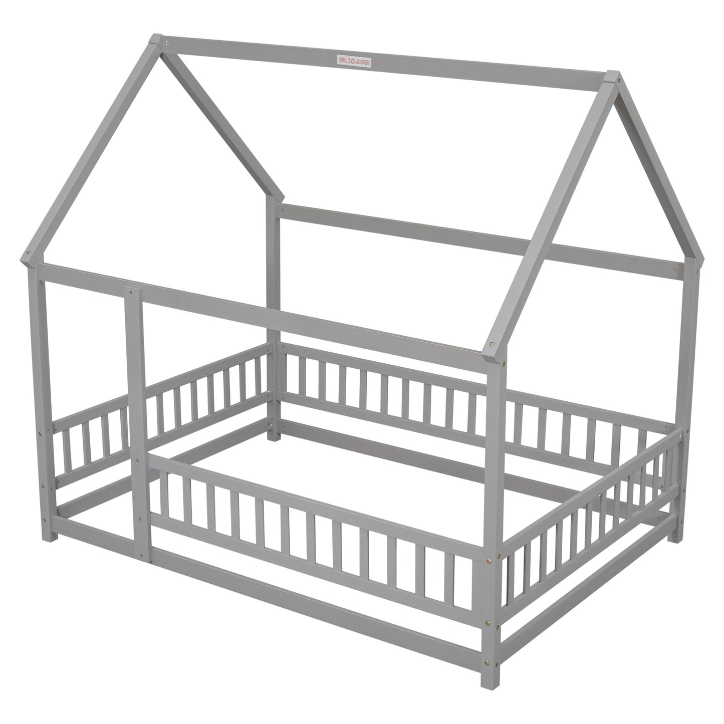 Floor Wooden Bed With House Roof Frame, Fence Guardrails