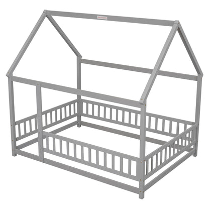 Floor Wooden Bed With House Roof Frame, Fence Guardrails