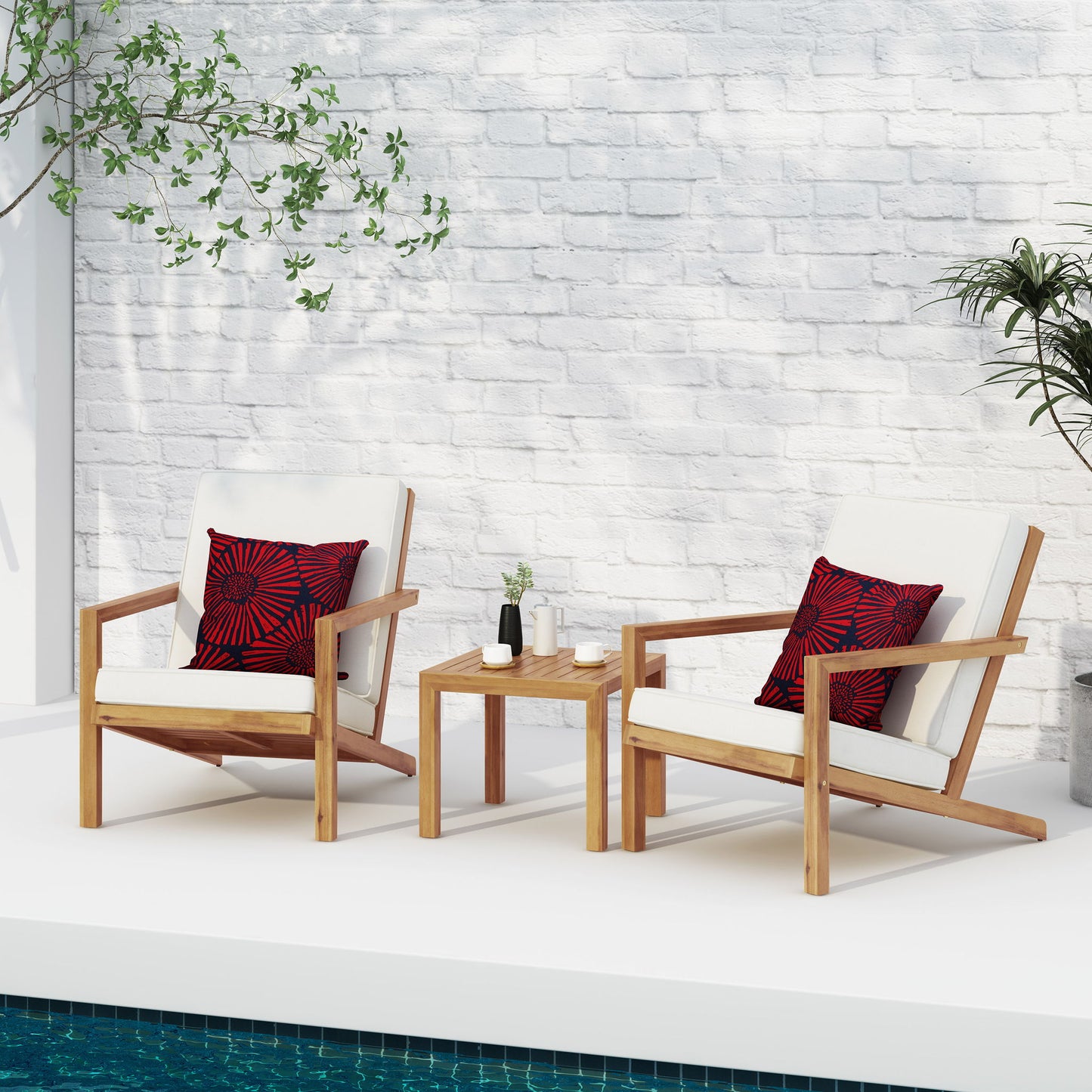 3 Piece Outdoor Chat Set With Table And 2 Adirondack Chairs - White / Brown Patina