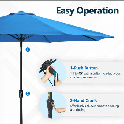 Solar LED Patio Umbrella With Crank Lift And Tilt, 8 Ribs, UV Resistant Canopy For Pool, Backyard & Patio (Without Base) - Blue