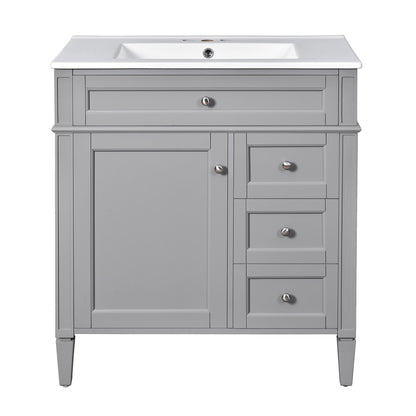 Bathroom Vanity With Top Sink, Freestanding Storage Cabinet With 2 Doors And 3 Drawers, Mirror Cabinet Included - Gray