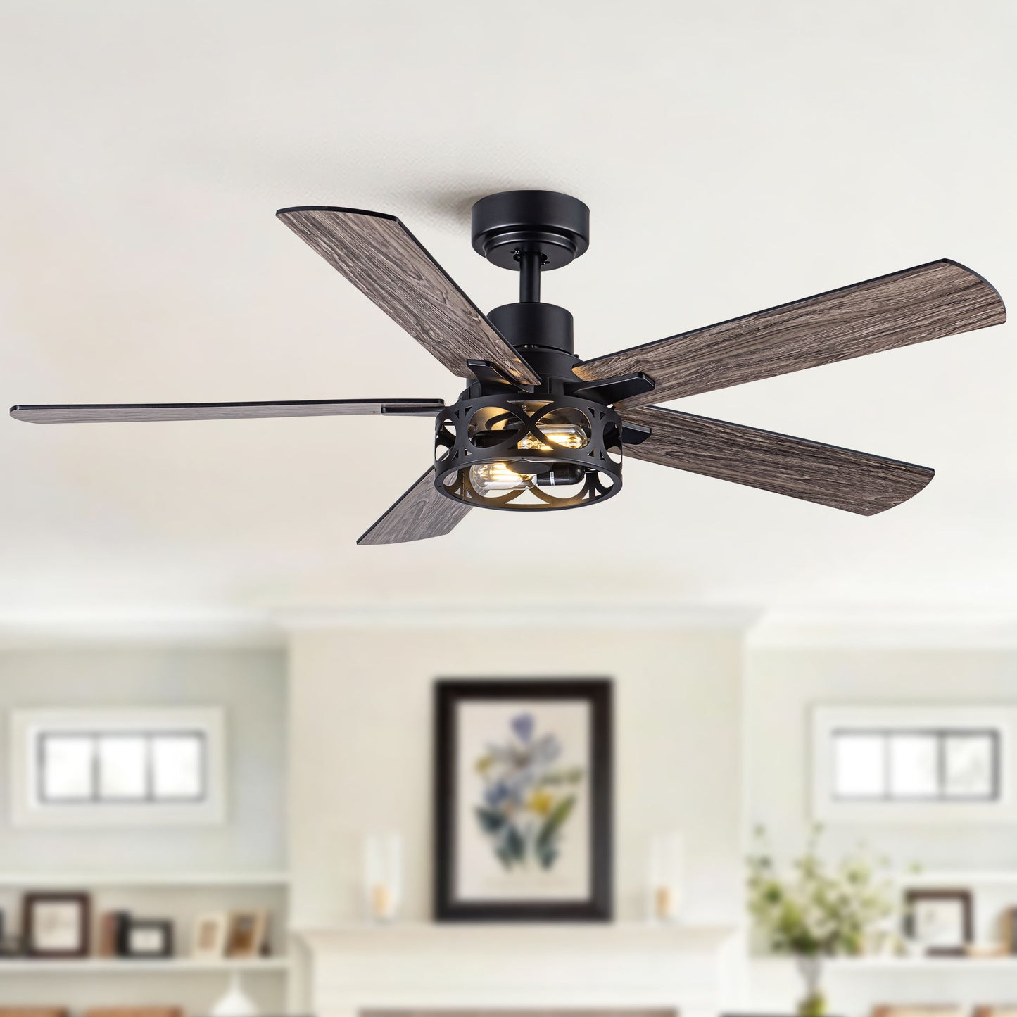 Ceiling Fan With Light, Dual‑Sided Matte Black & Wood Grain Blades - Black