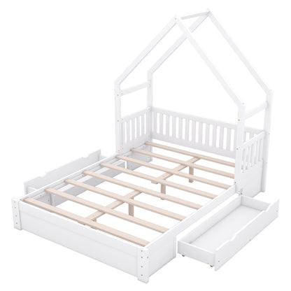 House Style Platform Bed With Guardrail And 2 Drawers