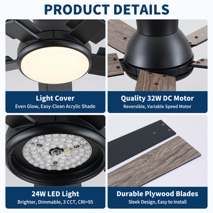 Low Profile Flush Mount Intergrated LED Ceiling Fan With Light And Reversible Quiet Motor