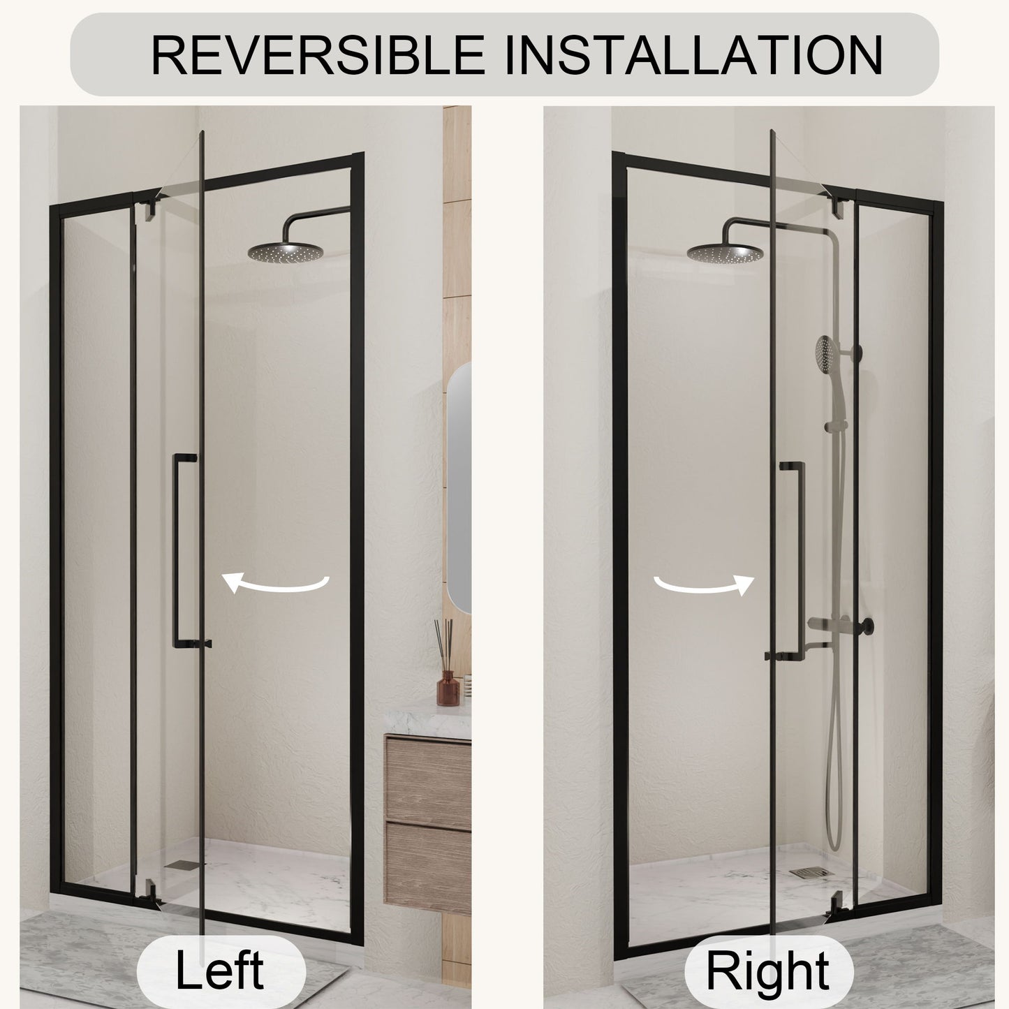 Semi Frameless Pivot Hinged Shower Door, Reversible Design