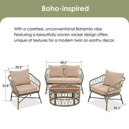 Bohemia-Inspired 4 Person Outdoor Seating Group With Removable Cushions, Conversation Patio Set With Wood Tabletop - Beige