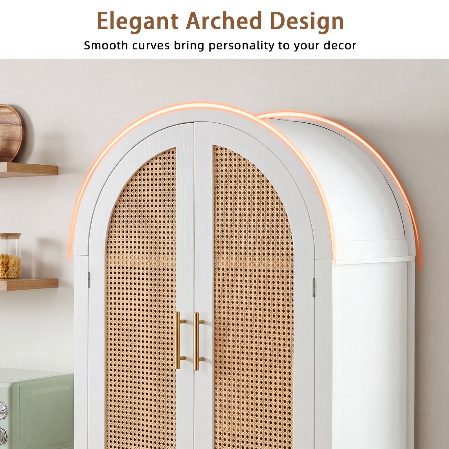Tall Arched Cabinet With Rattan Doors & Adjustable Shelves