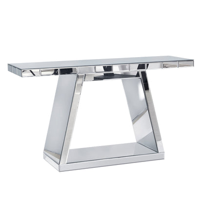 Modern Luxe Full Body Mirror Entryway Table With Trapezoid Base, 360° Reflective Console, Scratch Resistant, Open Storage - Silver