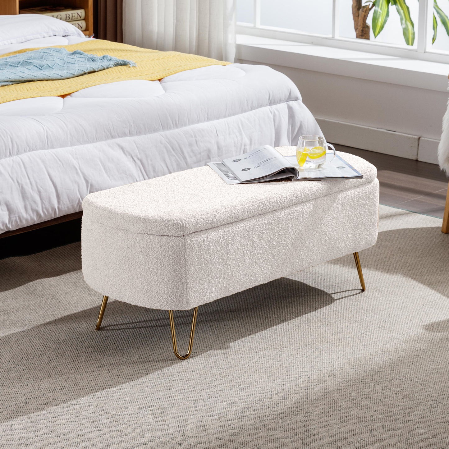 Storage Ottoman Bench For End Of Bed Legs, Modern Camel Faux Fur Entryway Bench Upholstered Padded With Storage For Living Room Bedroom