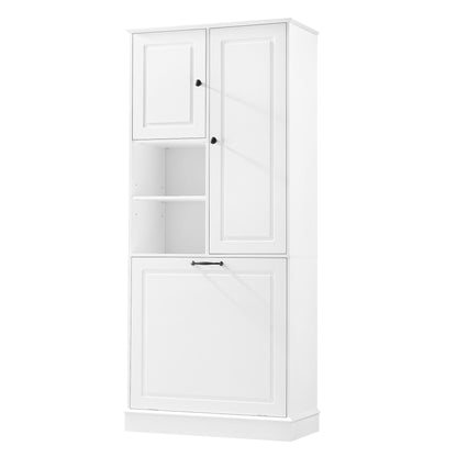 Modern Tall Storage Cabinet With Adjustable Shelves, Flip-Out Basket & Enclosed Doors