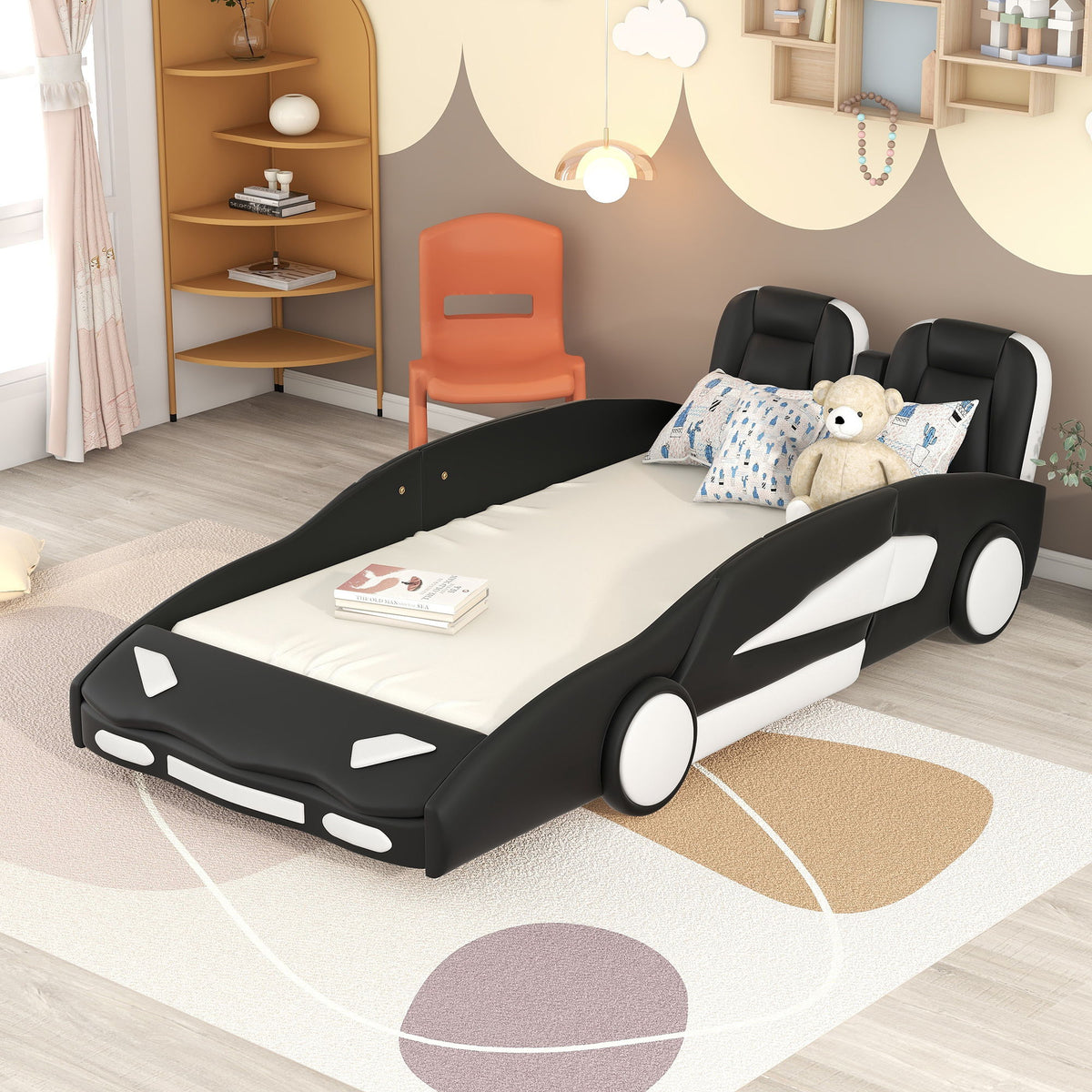 Race Car Shaped Twin Platform Bed With Wheels, Pine Wood Construction