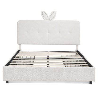 Upholstered Bed With Oversized Rabbit Ear Headboard, LED Lights & 4 Storage Drawers
