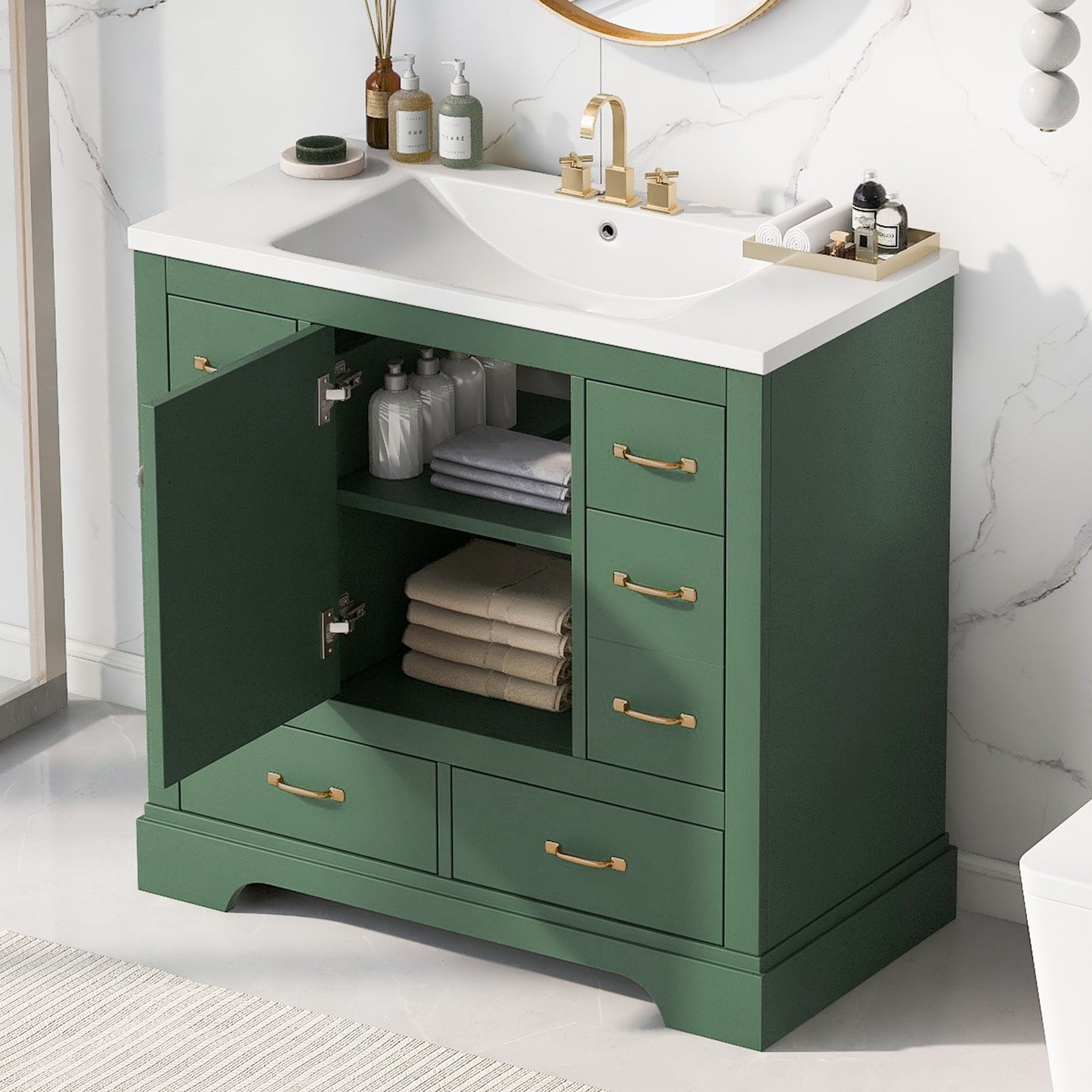 Modern Bathroom Vanity With Sink, 6 Drawers, Adjustable Shelf