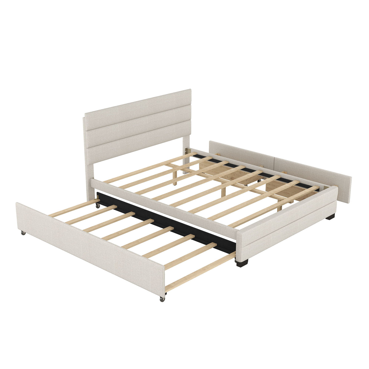 Queen Platform Bed With Twin Trundle And 2 Storage Drawers - Beige