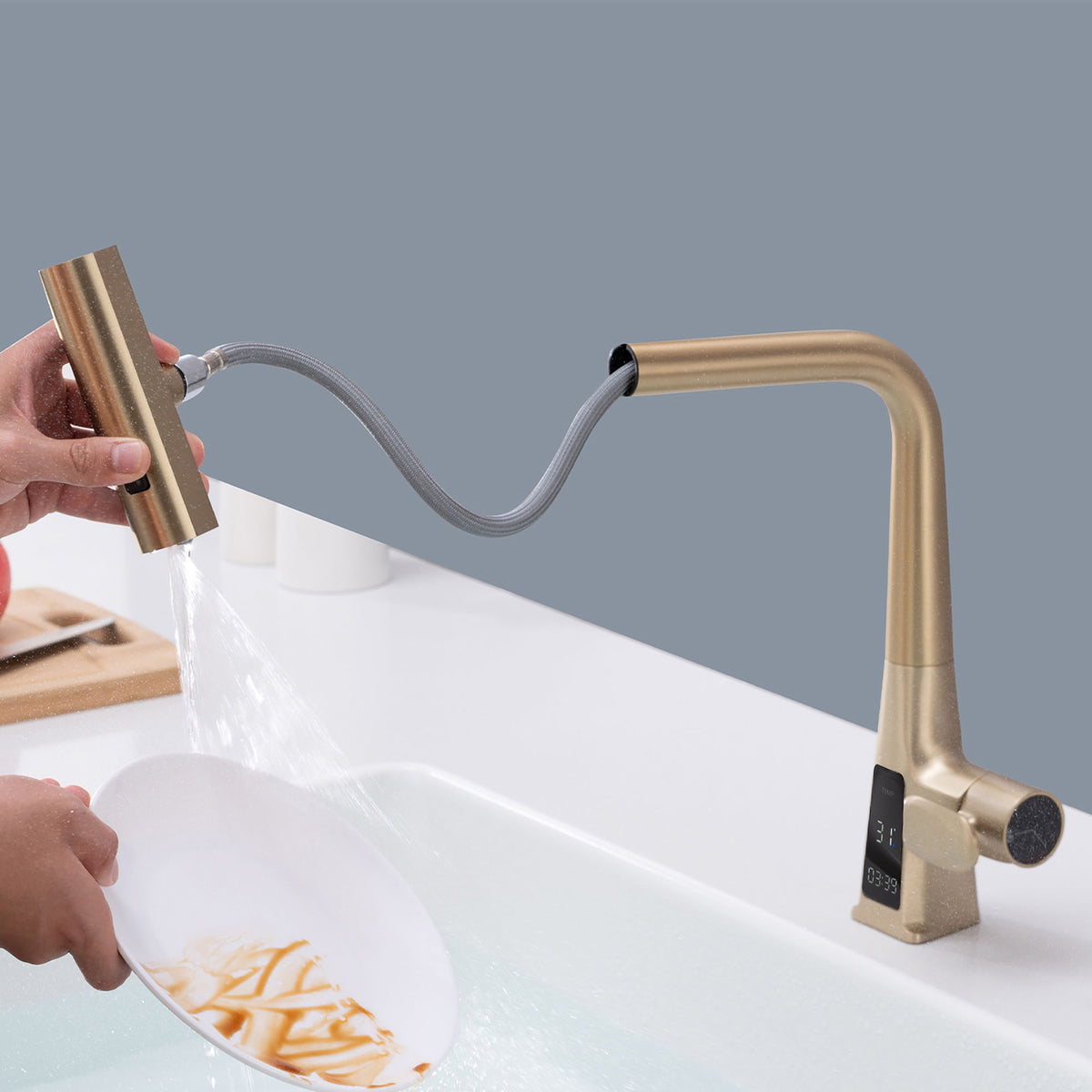 Waterfall Kitchen Faucet With Temperature Display And Pull Down Sprayer
