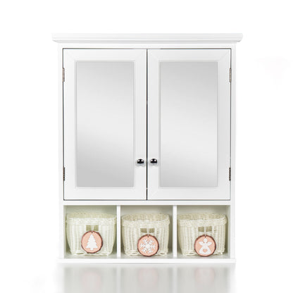 Bathroom Storage Cabinet, Medicine Cabinets For Bathroom With Mirror, 2 Doors 2 Adjustable Shelf & 3 Christmas Style Storage Basket - White