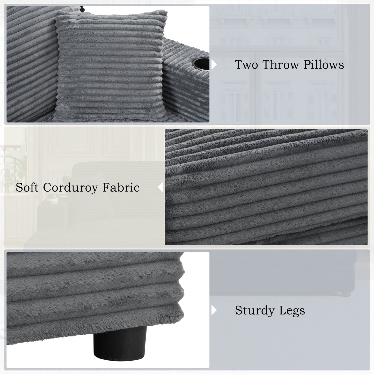 Oversized Loveseat Chaise With 2 USB Ports, 2 Cup Holders And 2 Throw Pillows