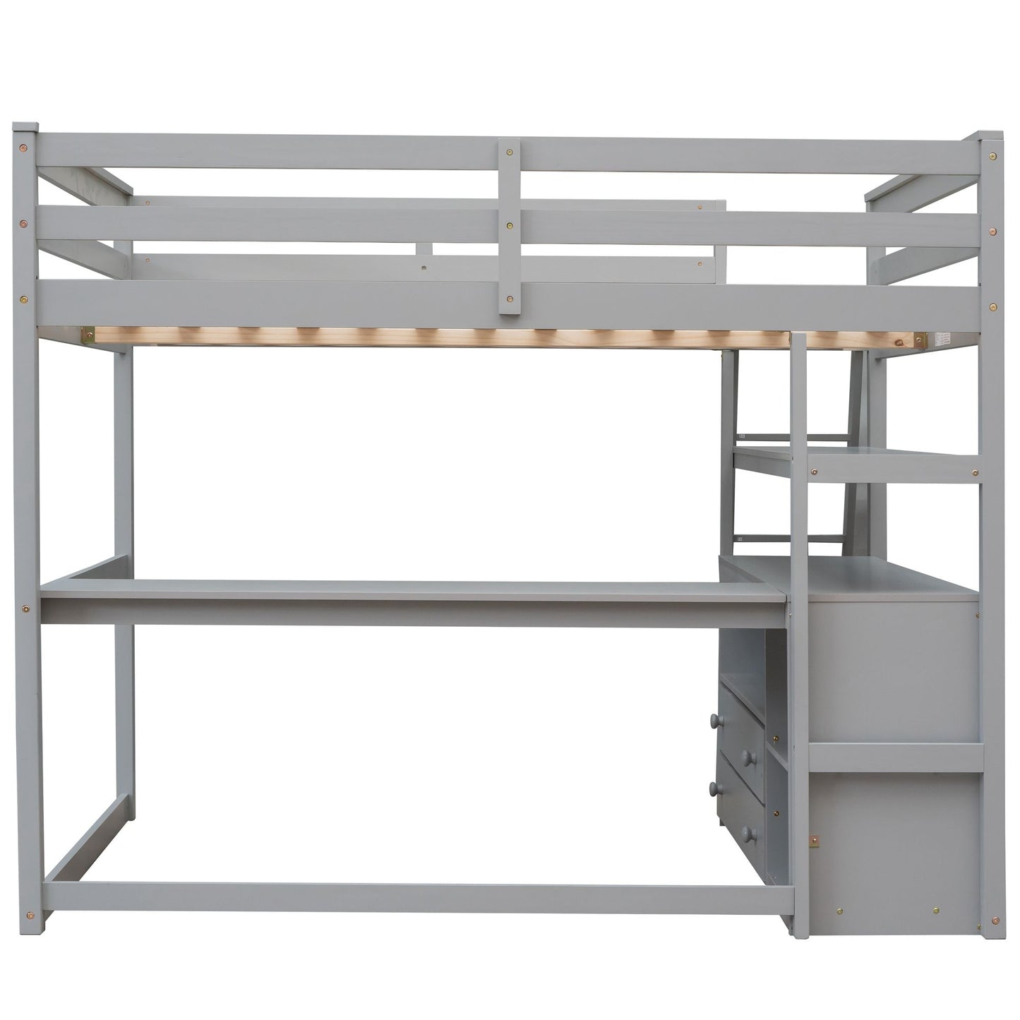 Modern Loft Bed With Built In Desk, Shelves, And 2 Drawers