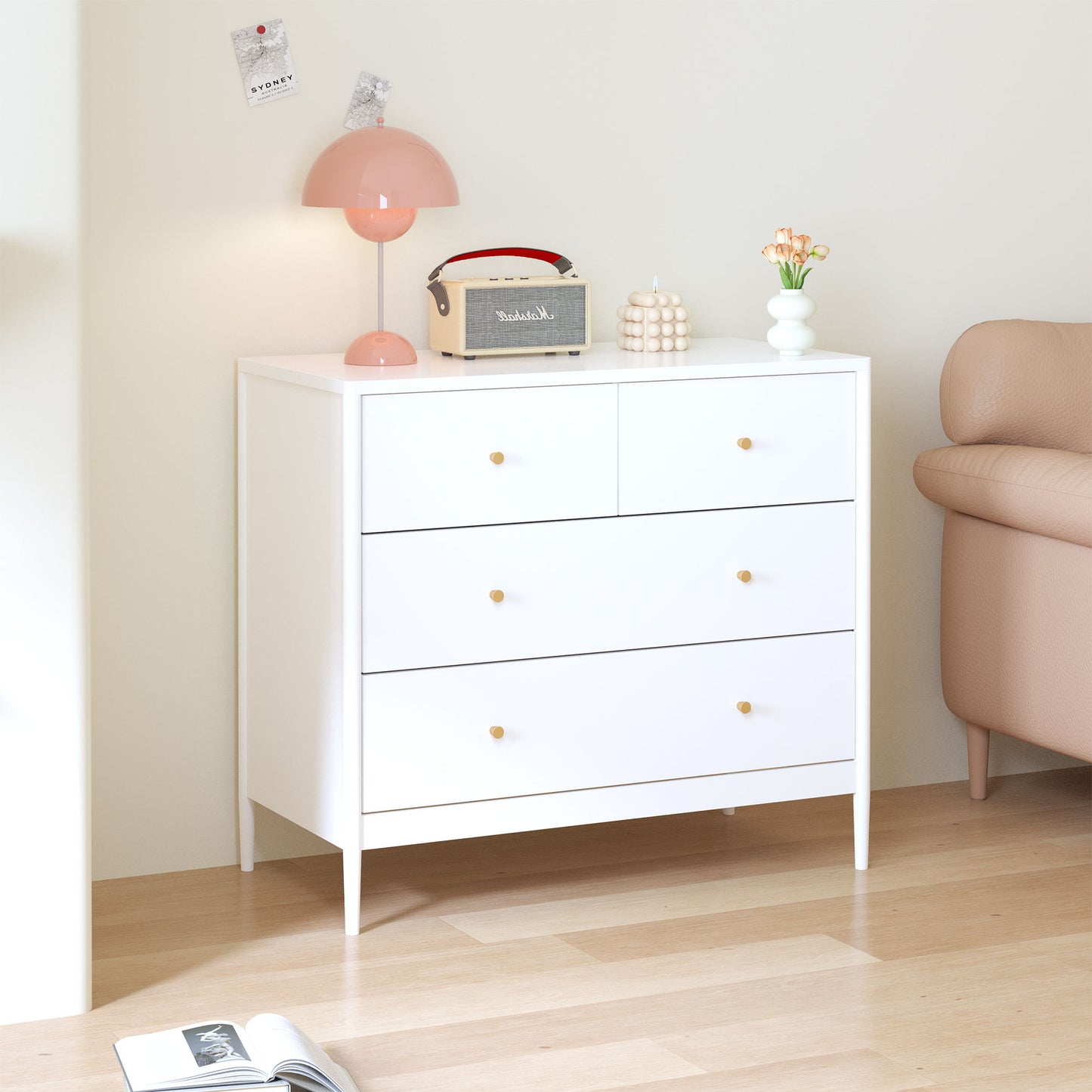 4 Drawer Kids Dresser With Antique Brass Pulls - White