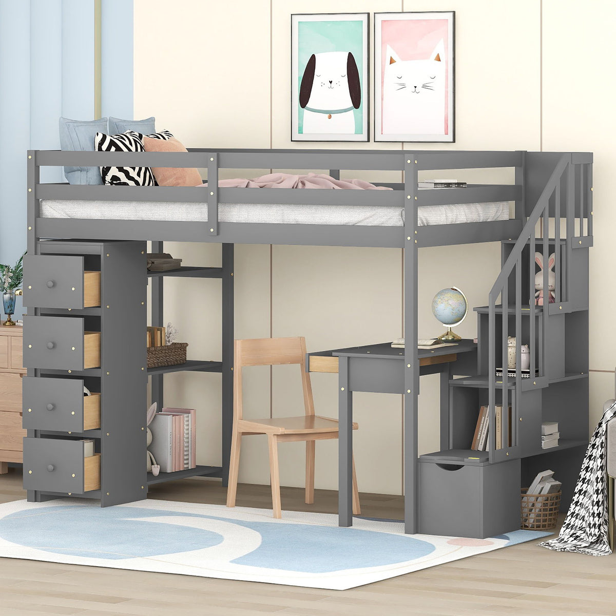 Loft Bed With Storage Drawers, Desk And Stairs With Shelves