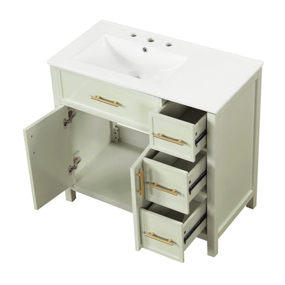 36" Bathroom Vanity With Sink, 2 Doors, 3 Drawers, Rectangular - White