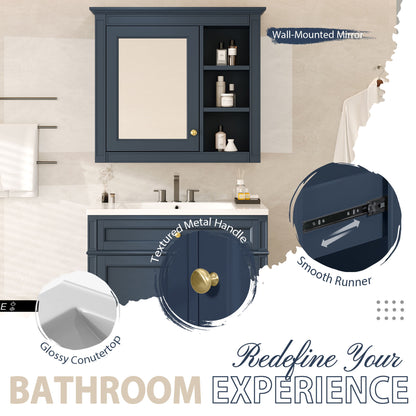 Bathroom Vanity With Top Sink, 2 Doors And 3 Drawers, Freestanding Set With Mirror Cabinet