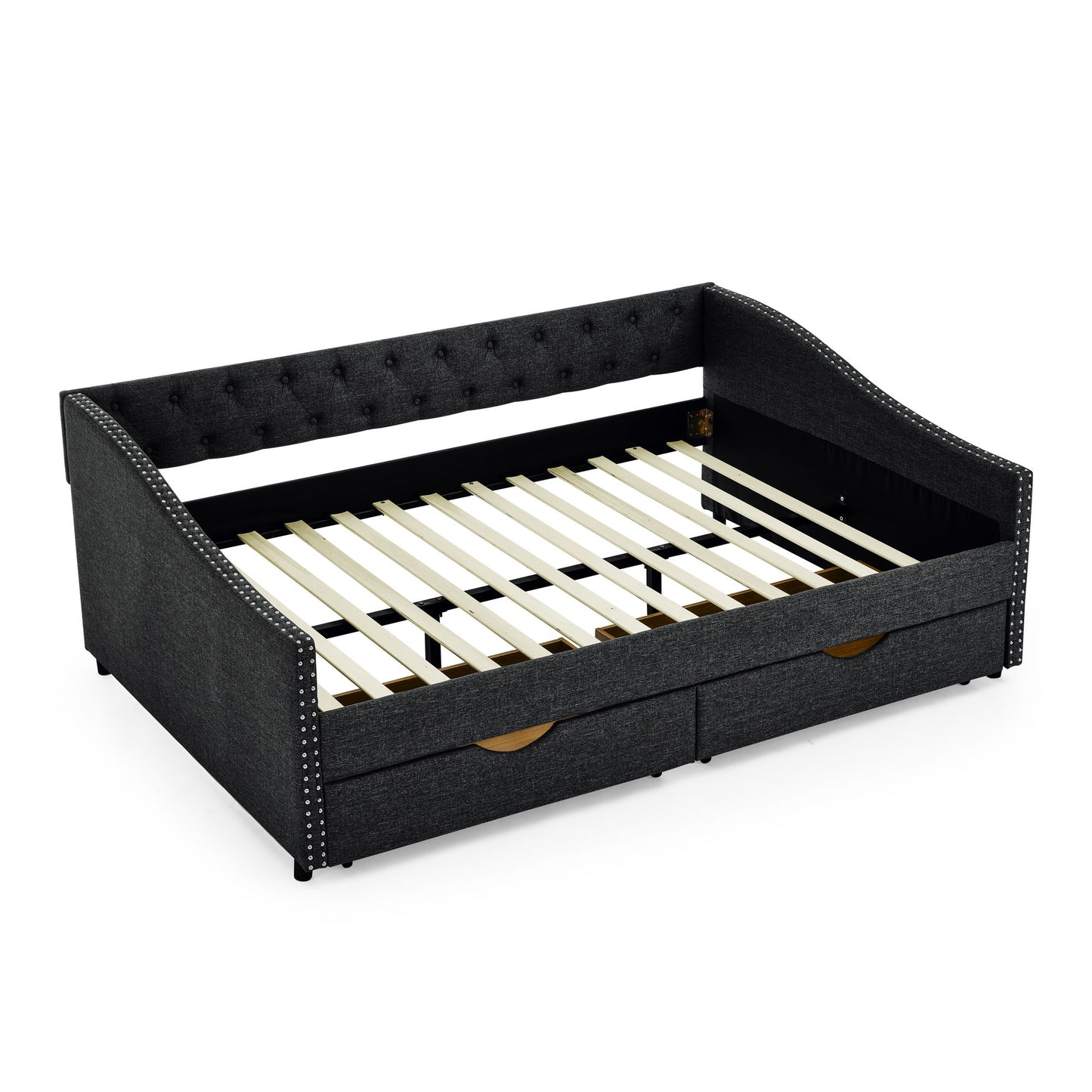 Upholstered Tufted Daybed With Drawers, Waved Arms