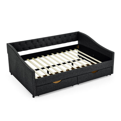 Upholstered Tufted Daybed With Drawers, Waved Arms
