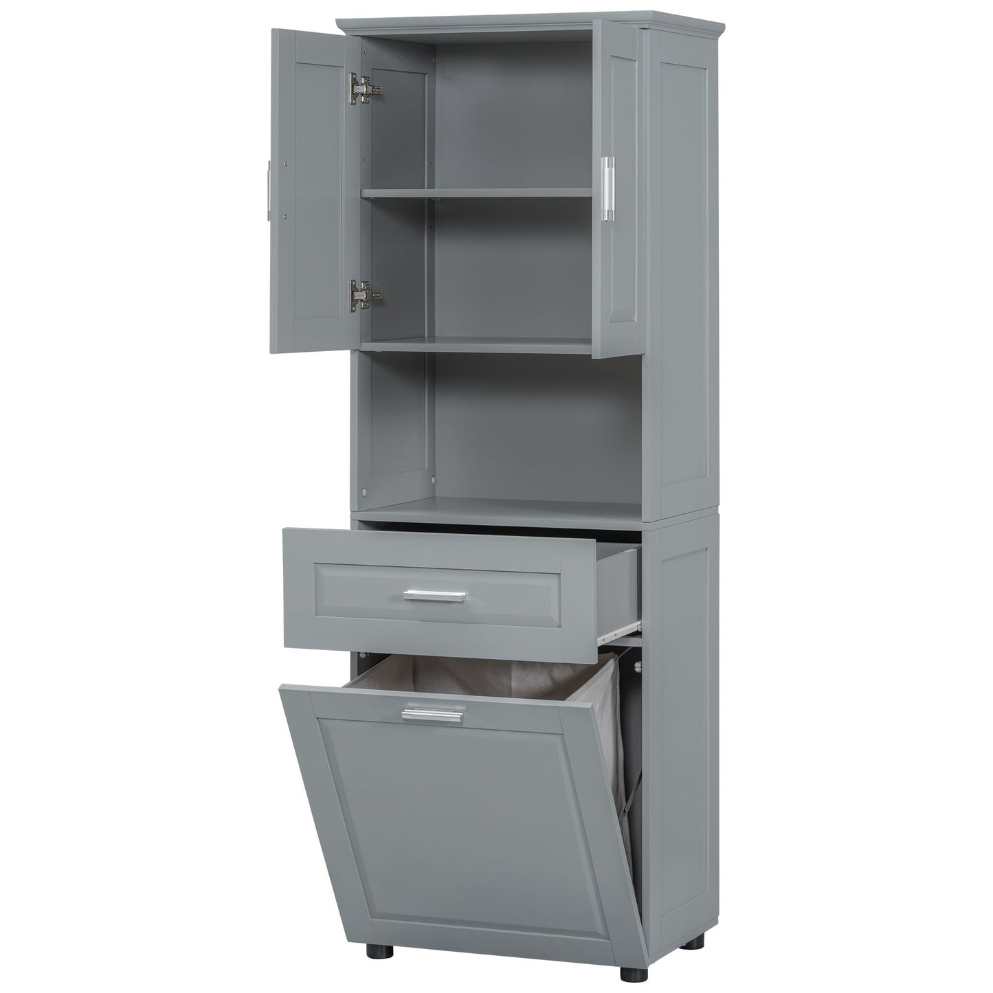 Tall Bathroom Cabinet With Tilt-Out Laundry Basket And Upper Storage